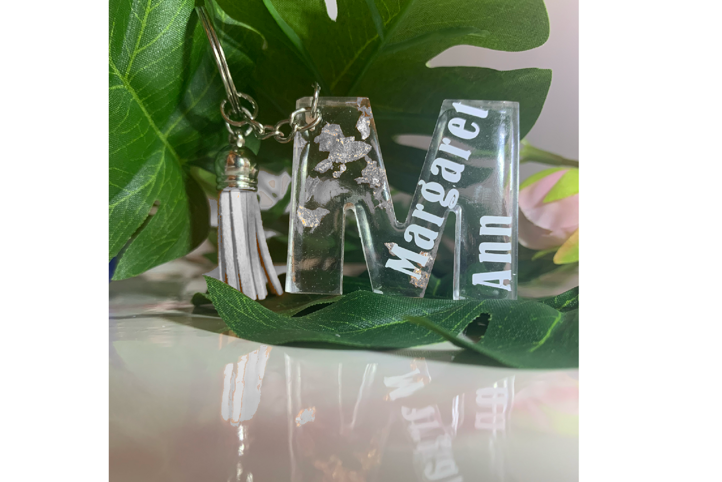 Letter Initials Keychains clear with silver foil.